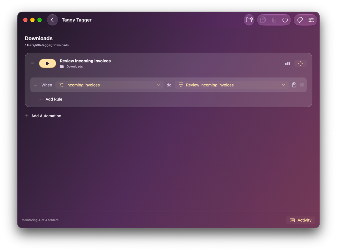 Taggy Tagger Automations: Downloads uses Incoming invoices conditions and the Review incoming invoices workflow.