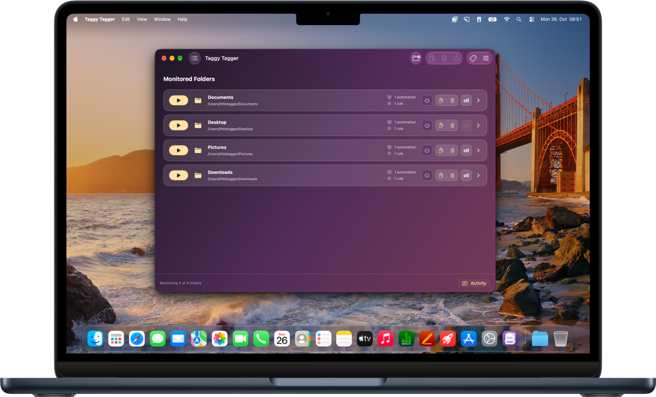 Taggy Tagger on a MacBook Air, monitoring Documents, Desktop, Pictures and Downloads.